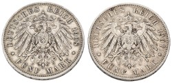 German states. Saxony. Friedrich III. Lot (2) 5 Mark. 1907. Average VF.