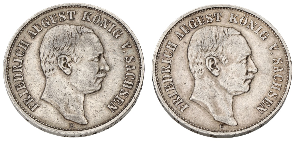 German states. Saxony. Friedrich III. Lot (2) 5 Mark. 1907. Average VF.