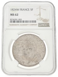 France. Second kingdom. Louis XVIII. 5 Francs. 1824 W. MS 62