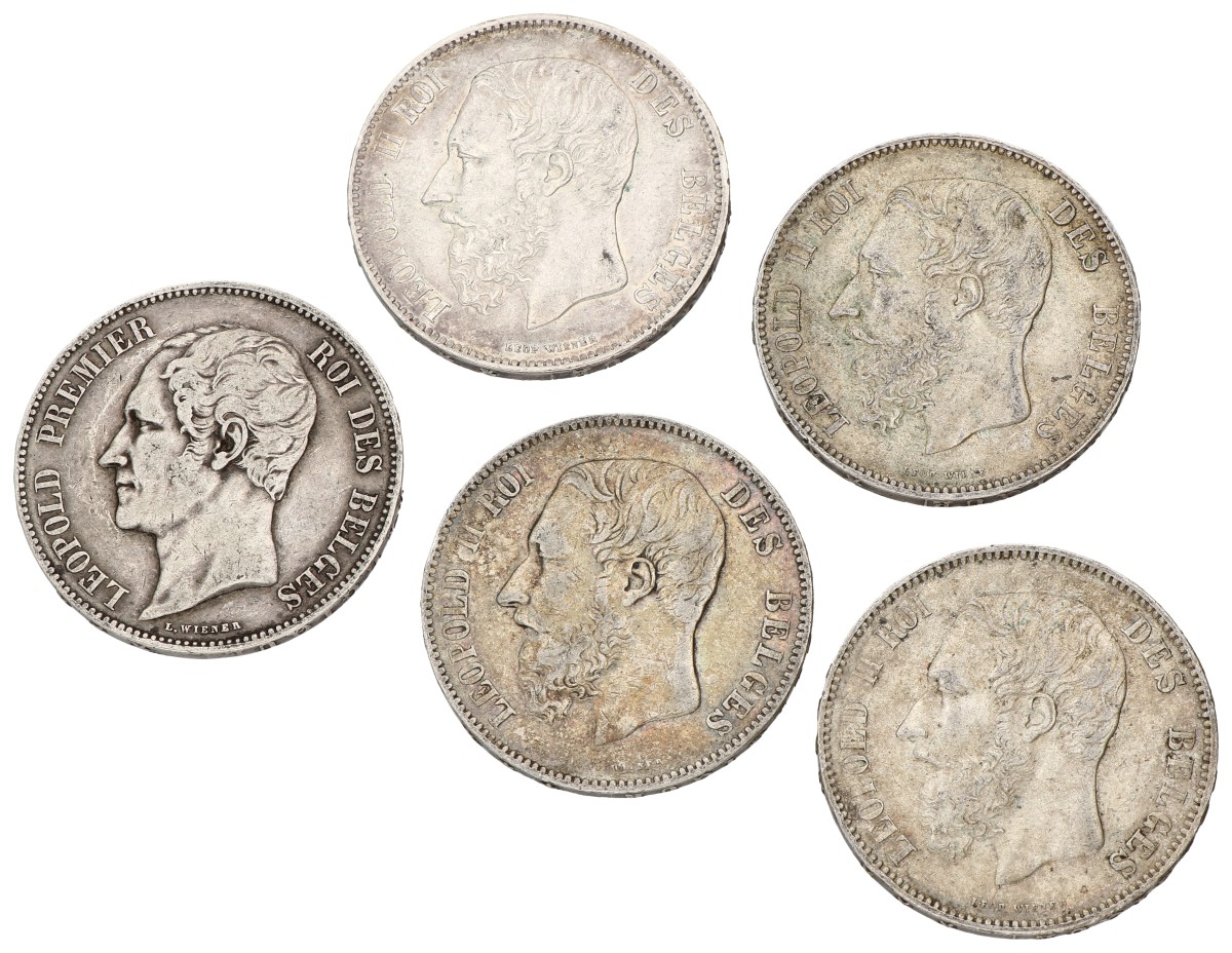 Belgium. Leopold I&II. Lot (5) 5 Francs. 19th Century. Average VF.