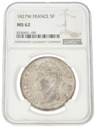 France. Second kingdom. Charles X. 5 Francs. 1827 W. MS 62