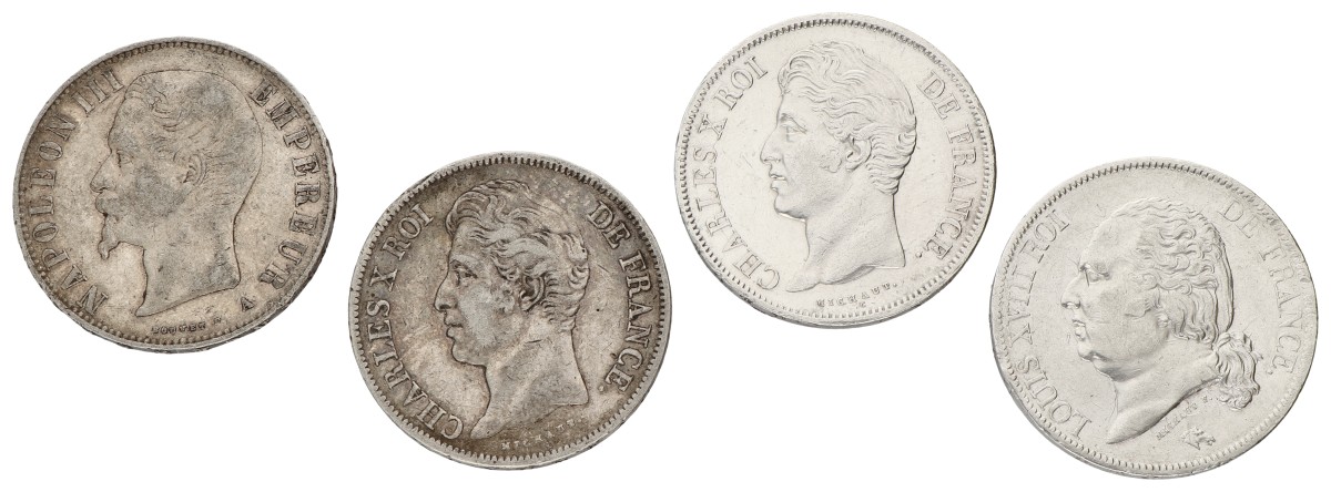 France. Lot (4) 5 Francs. 19th Century. Average XF.