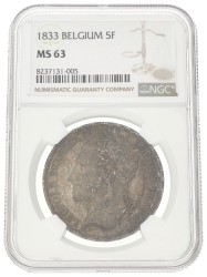 Belgium. Leopold I. 5 Francs. 1833. MS 63