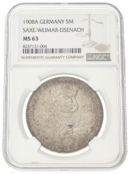German states. Saxe-Weimar-Eisenach. Wilhelm Ernst. 5 Mark - Jena university. 1908 A. MS 63