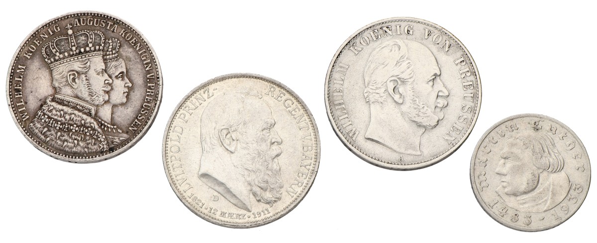 Germany & German states. Prussia & Bayern. Wilhelm I & Luitpold I. 2 Reichsmark & 3 Mark & 1 Thaler. 19th & 20th Century. Average XF.