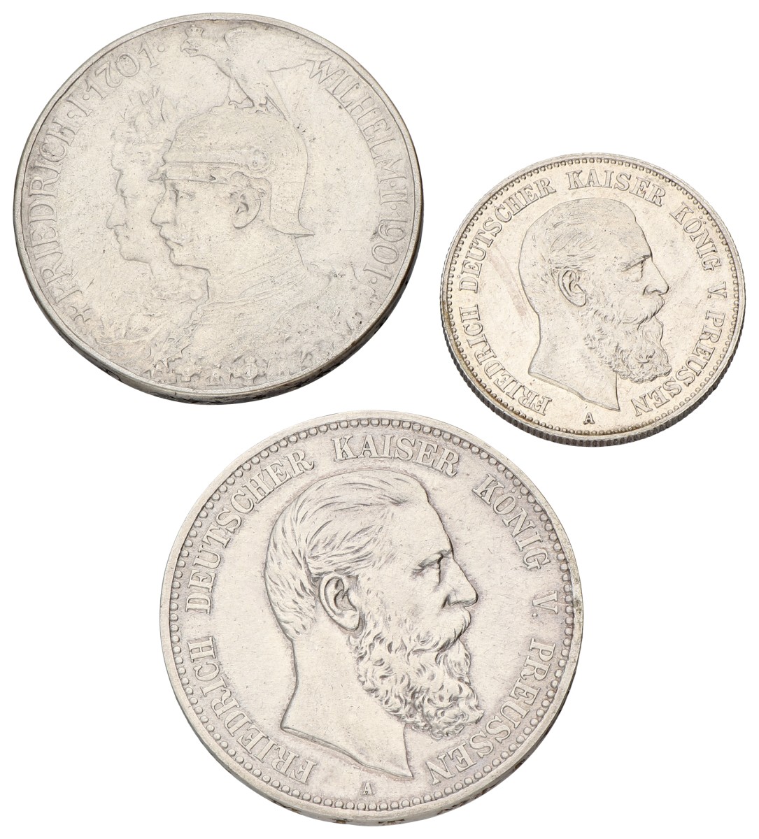 German states. Prussia. Friedrich III & Wilhelm. Lot (3) 2 & 5 Mark. 19th century. Average XF.