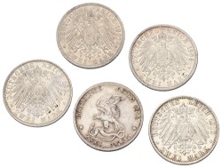 German states. Prussia. Wilhelm II. Lot (5) 2 Mark. 19th Century. Average XF.