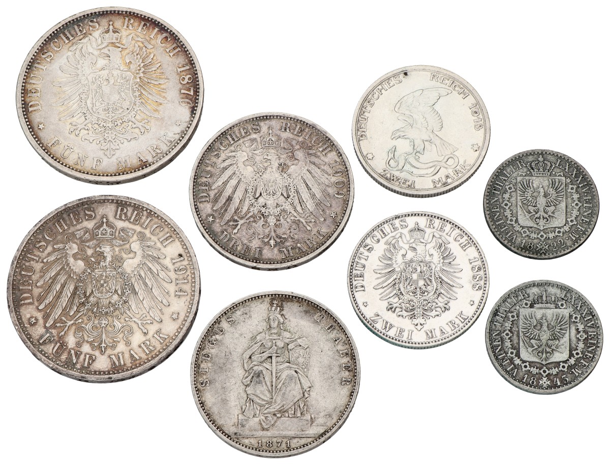 German states. Prussia. Wilhelm I&II - Friedrich III. Lot (8) Marks & Thaler. 19th Century. Average XF.