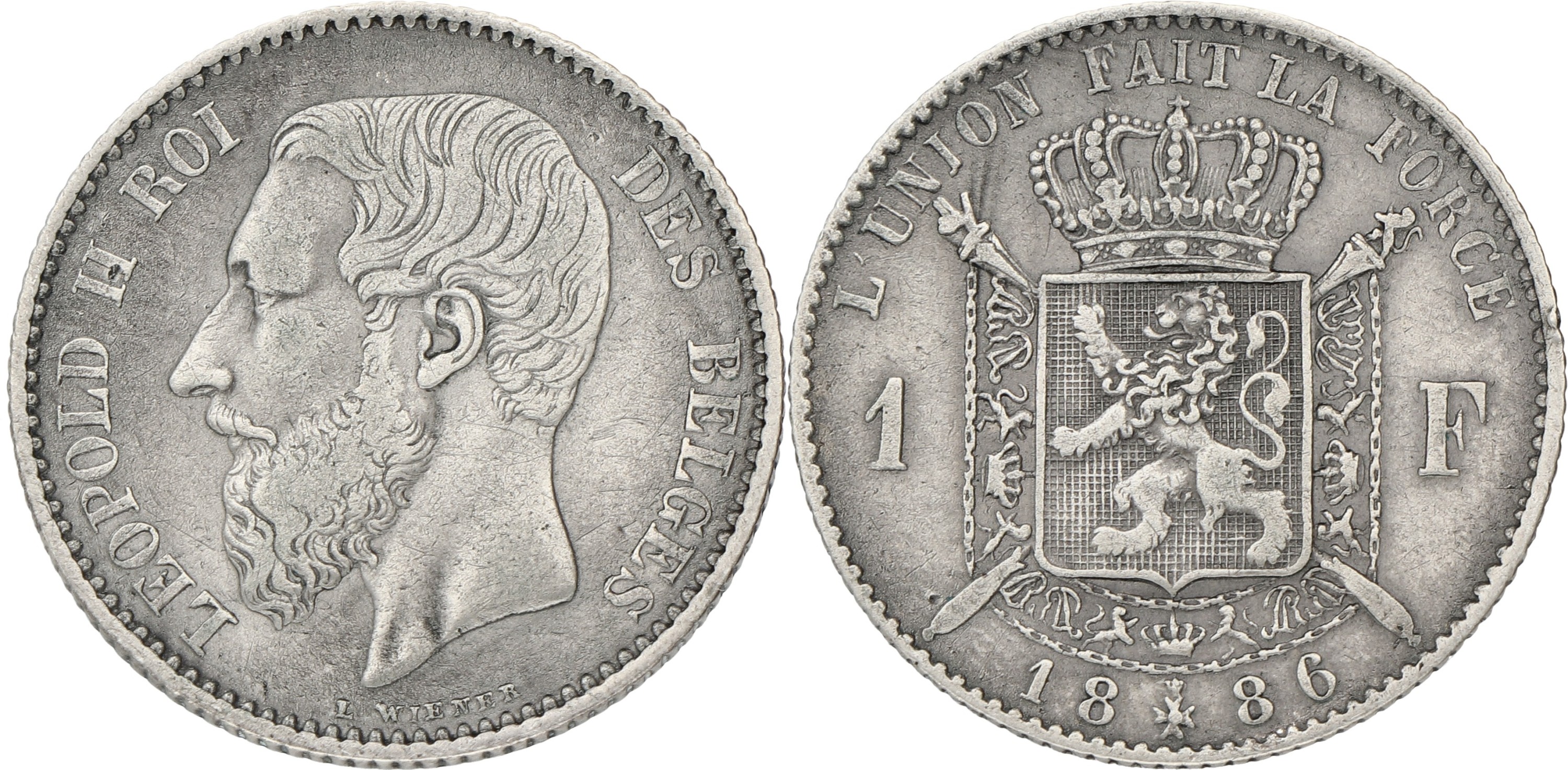 Belgium. Leopold II. 1 Franc. 1886/66. VF
