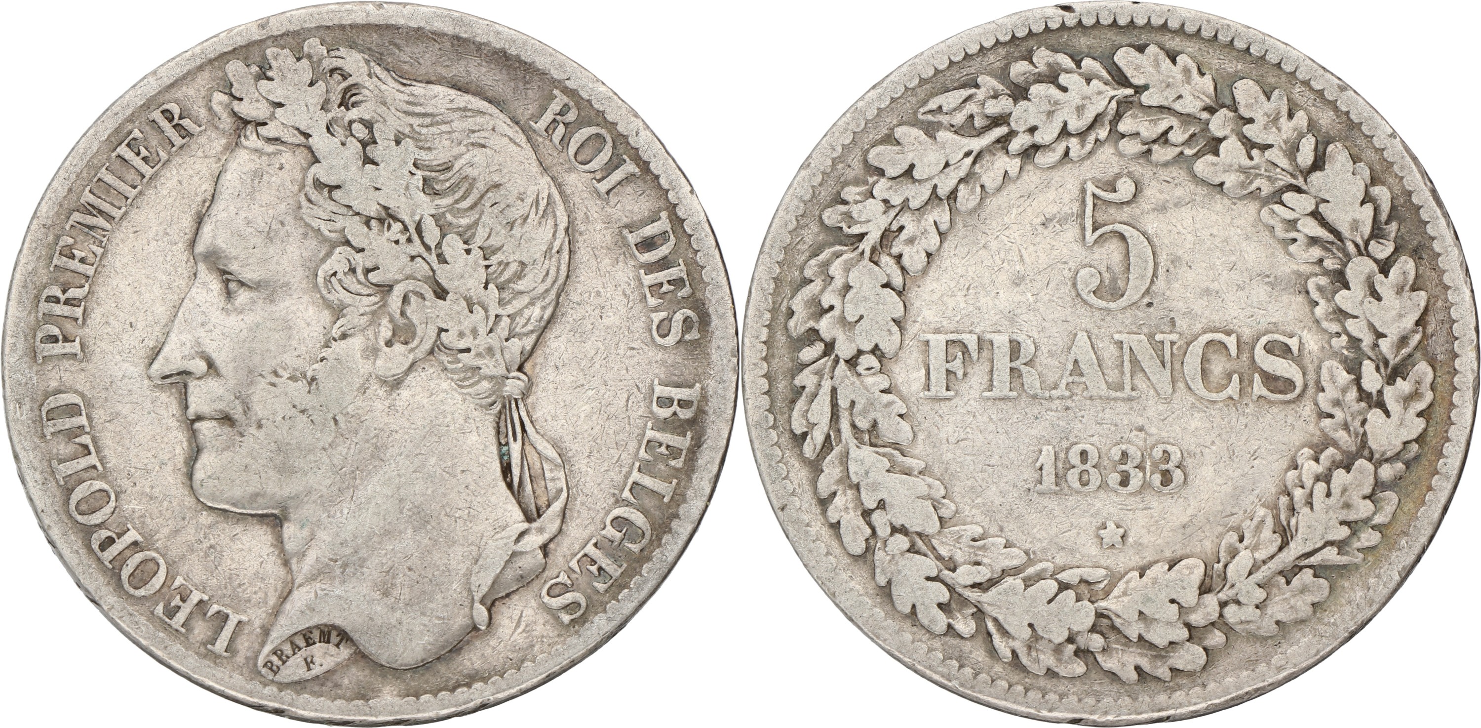 Belgium. Leopold I. 5 Francs. 1833. Position A. VF