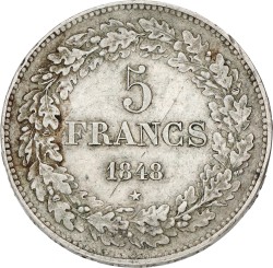 Belgium. Leopold I. 5 Francs. 1848. XF -