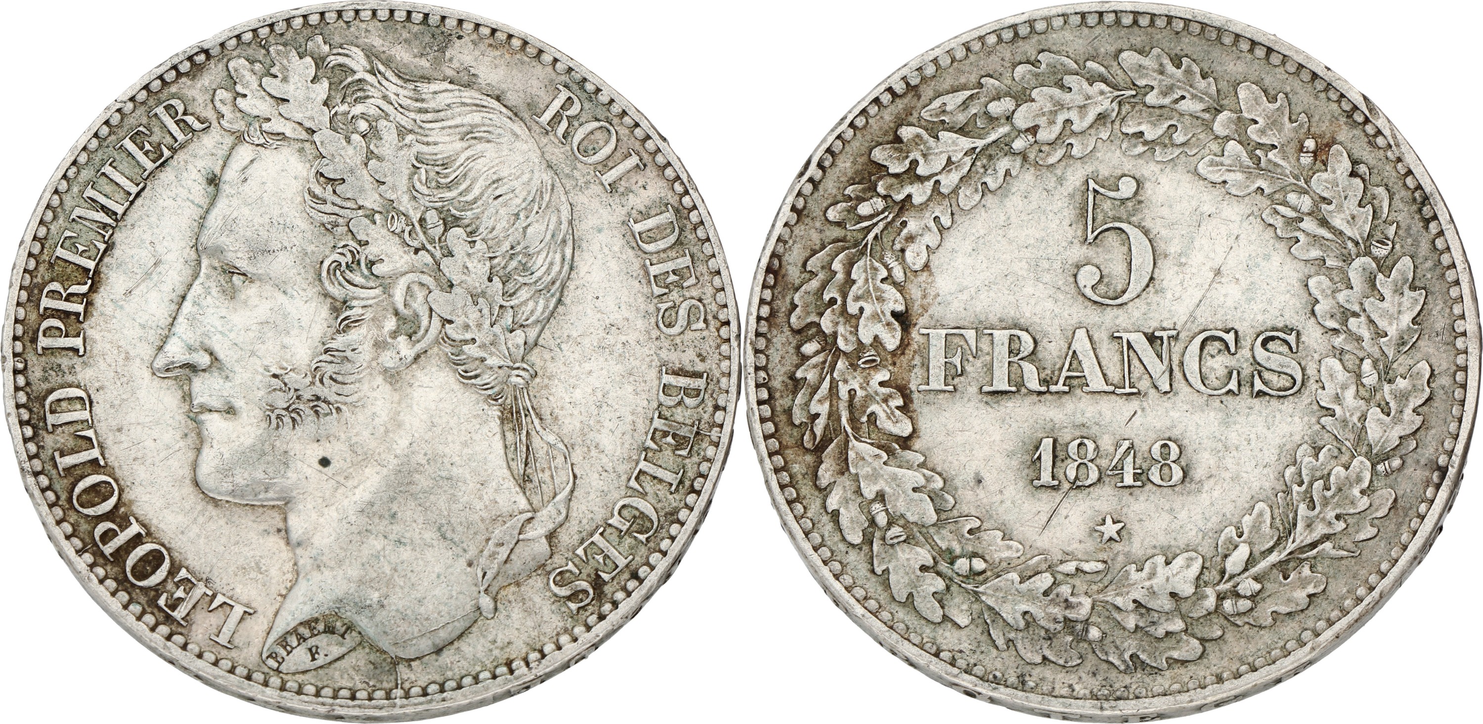 Belgium. Leopold I. 5 Francs. 1848. XF -