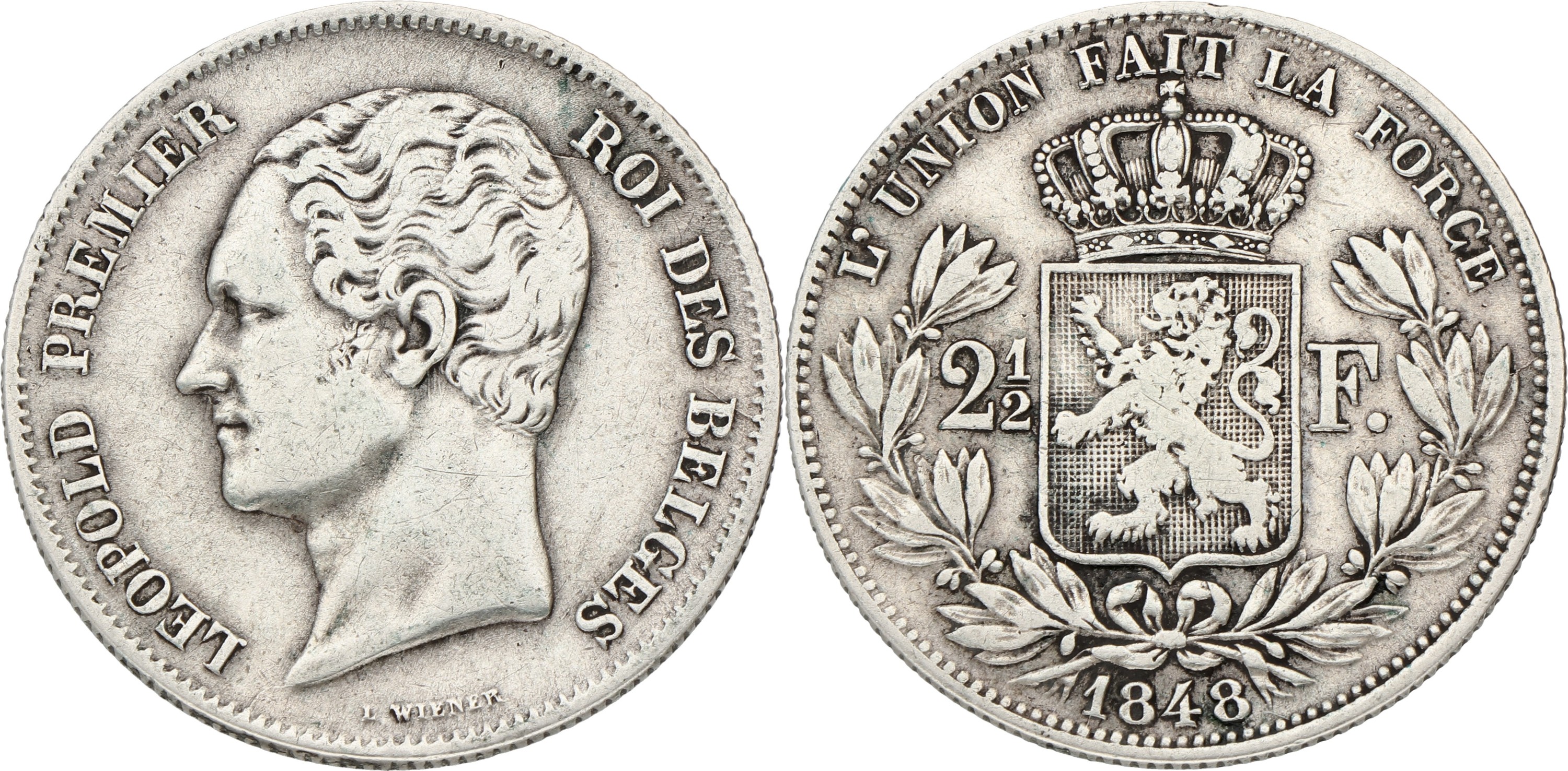 Goudwisselkantoor auction: Belgium. Leopold I. 2½ Francs. 1848 Small head. VF