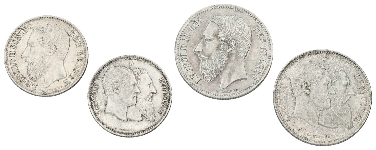 Belgium. Leopold II. Lot (4) 1 & 2 Francs. 1867, 1880 & 1886. Average XF