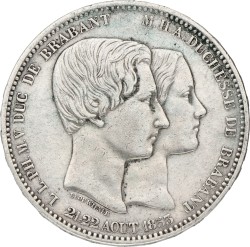 Belgium. Leopold I. 5 Francs - Medallic of the mariage of the duke and duchess of Brabant. 1853 - Hyphen between dates. VF