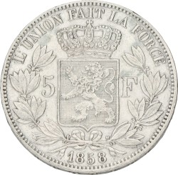 Belgium. Leopold I. 5 Francs. 1858 - double second O. VF +