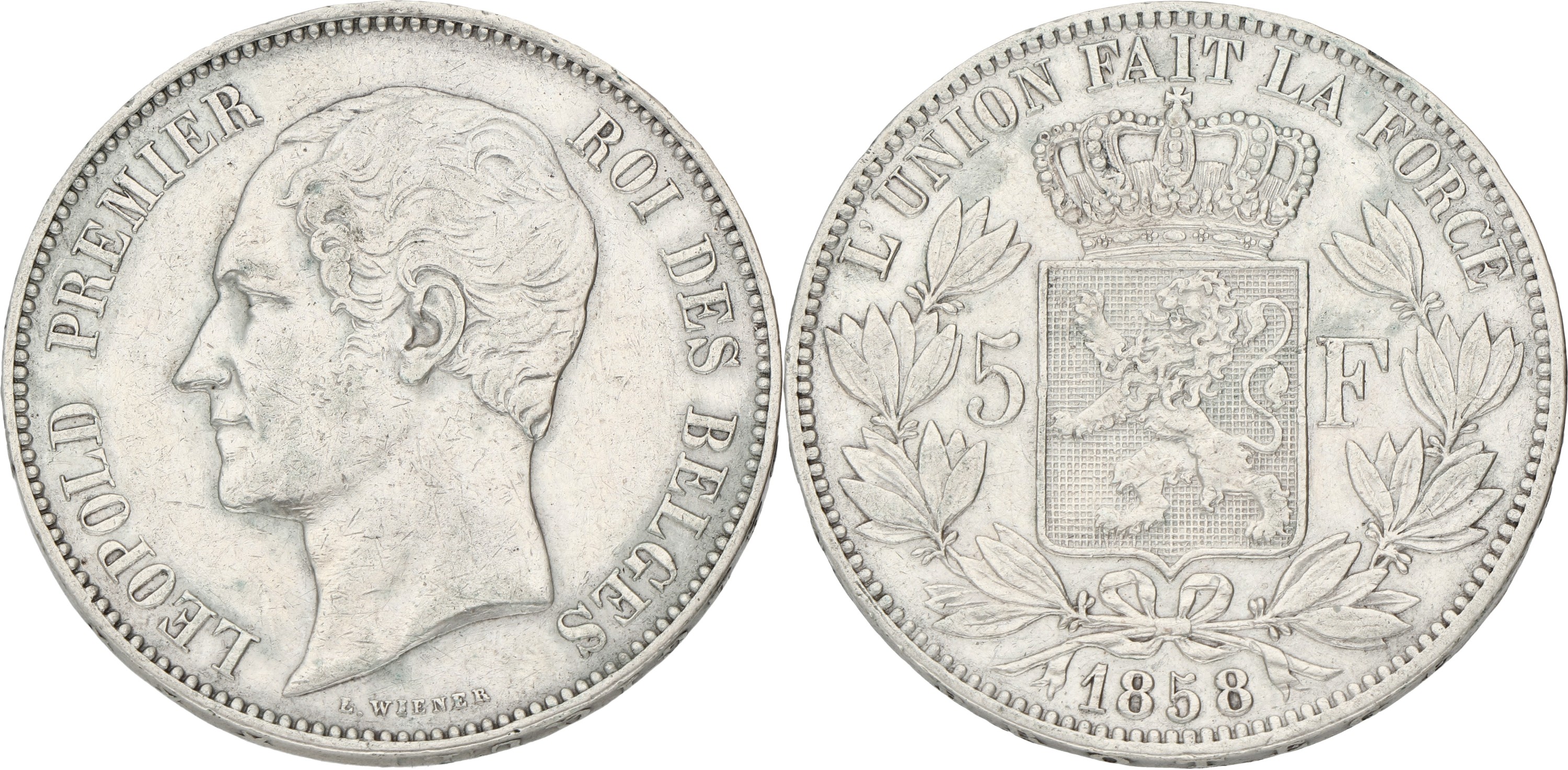 Goudwisselkantoor auction: Belgium. Leopold I. 5 Francs. 1858 - double second O. VF +