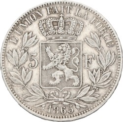 Belgium. Leopold II. 5 Francs. 1865. VF