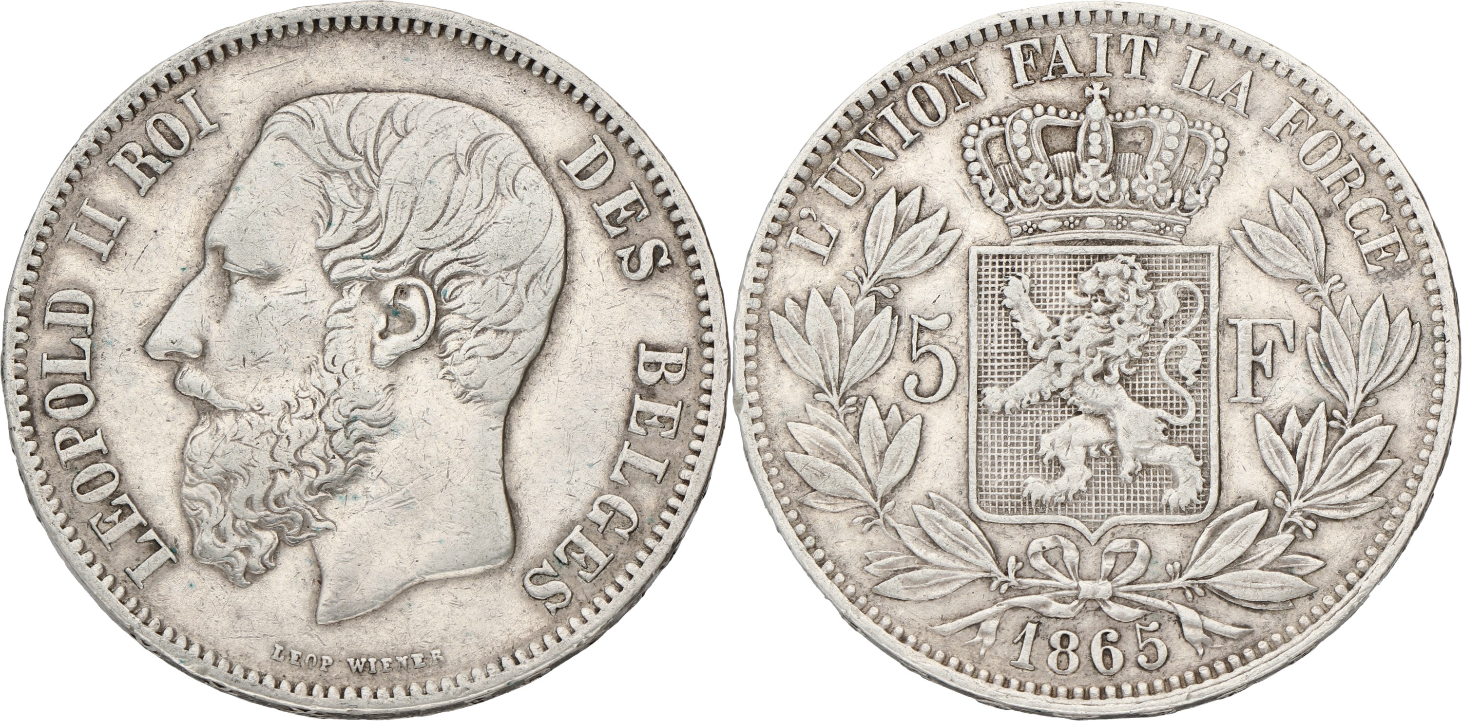 Belgium. Leopold II. 5 Francs. 1865. VF