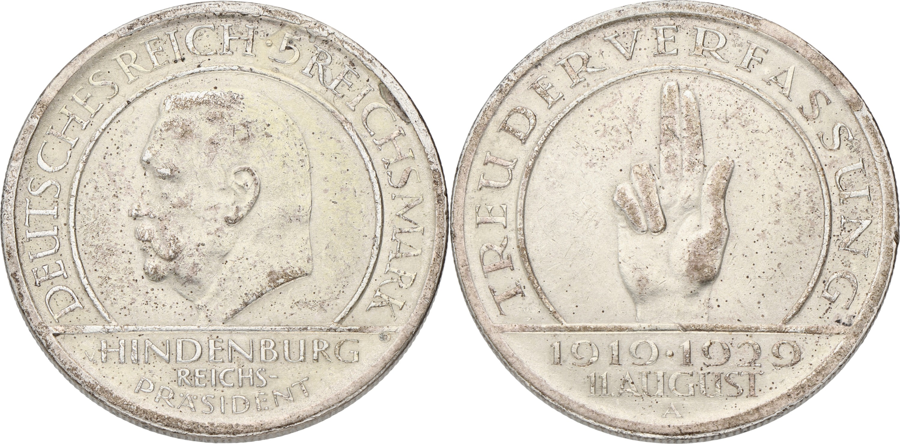 Goudwisselkantoor auction: Germany. Weimar republic. 5 Mark - Weimar constitution. 1929. VF +