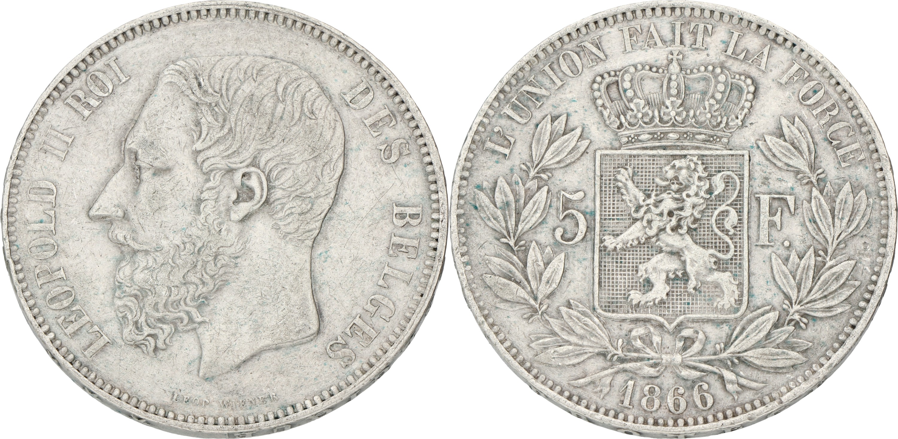 Goudwisselkantoor auction: Belgium. Leopold II. 5 Francs. 1866. VF