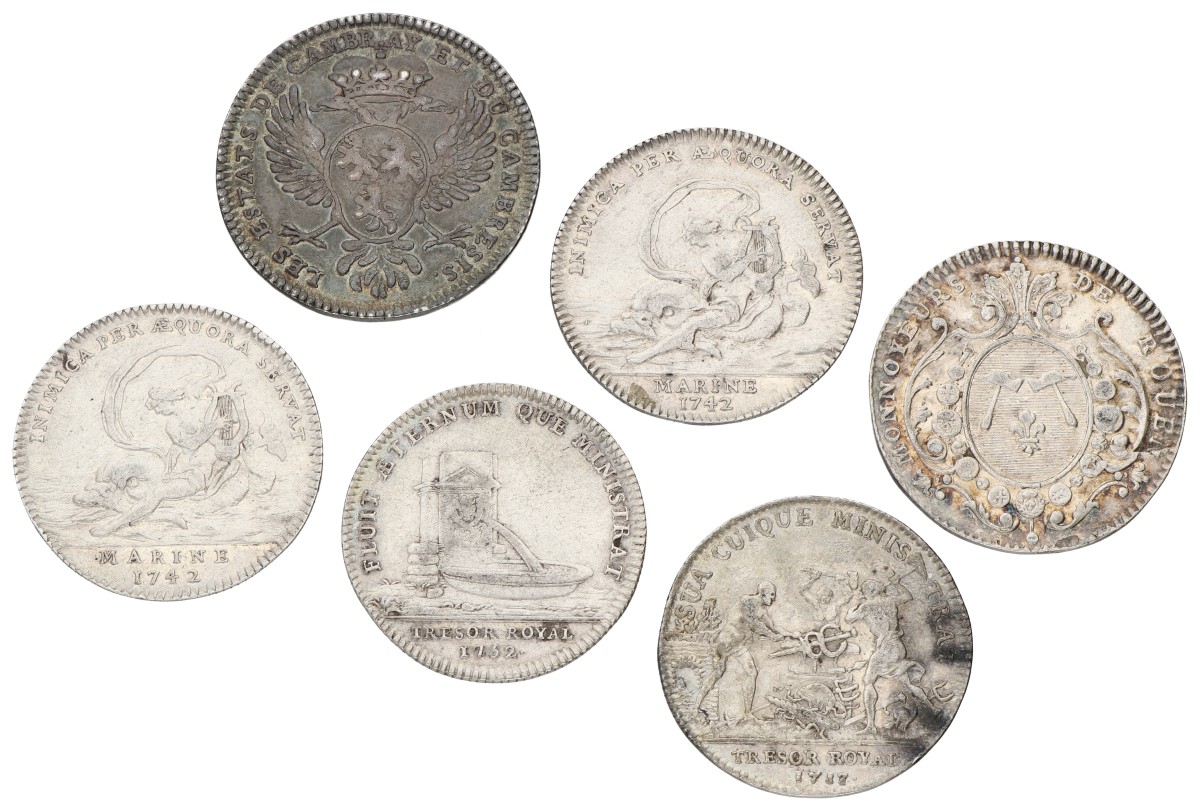 France. 18th century. Lot (6) Silver jetons. Average VF