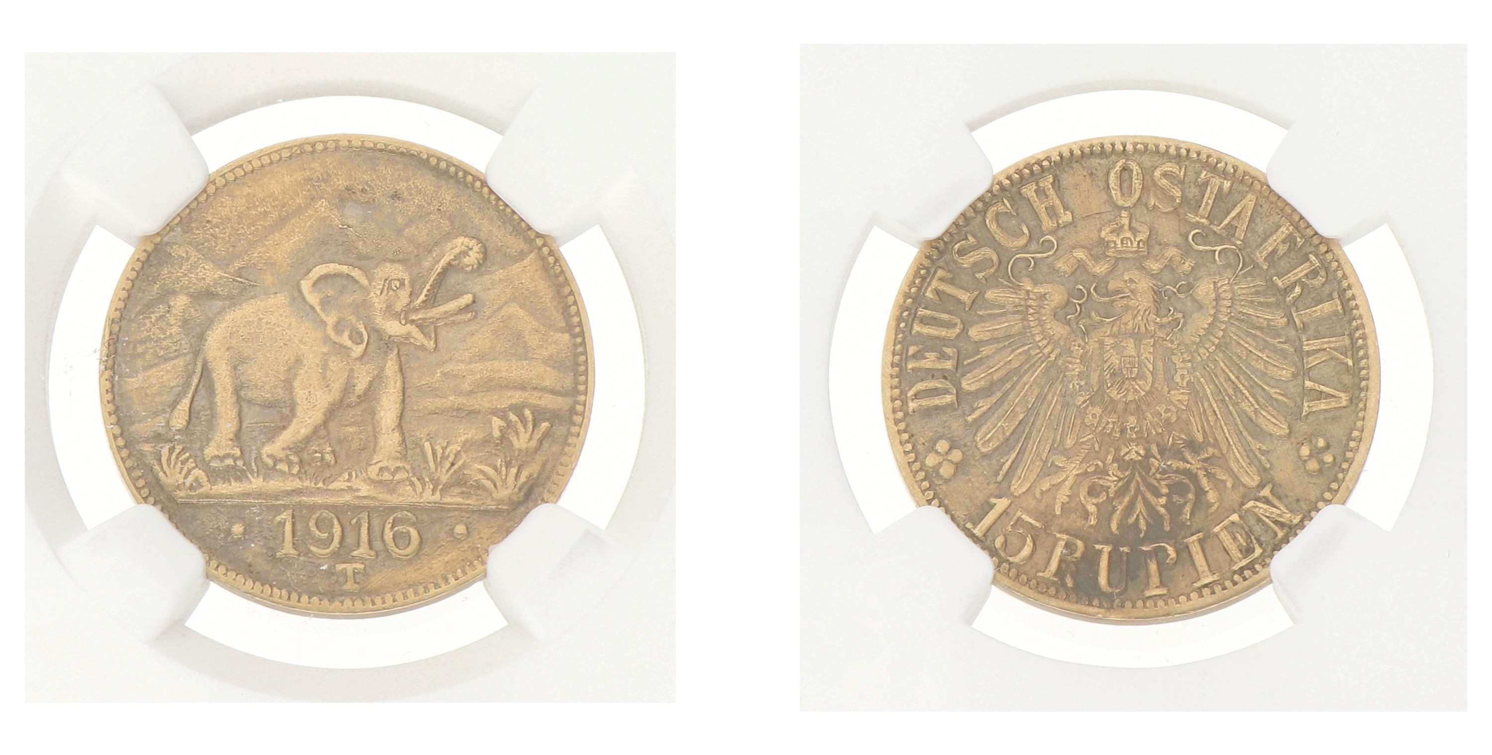 Goudwisselkantoor auction: German East Africa. German colony. Wilhelm II. 15 Rupees. 1916 T - Arabesque below T. MS 63