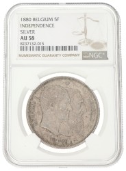 Belgium. Leopold II. 5 Francs - 50th anniversary of the Belgian Independence. 1880. AU 58