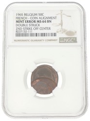 Belgium. 50 Centimes - Coin alignment. Double struck. 1965 Fr. MS 64 BN