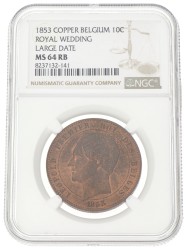 Belgium. Leopold I. 10 centimes - Mariage of the duke and duchess of Brabant. 1853 Large date. MS 64 RB