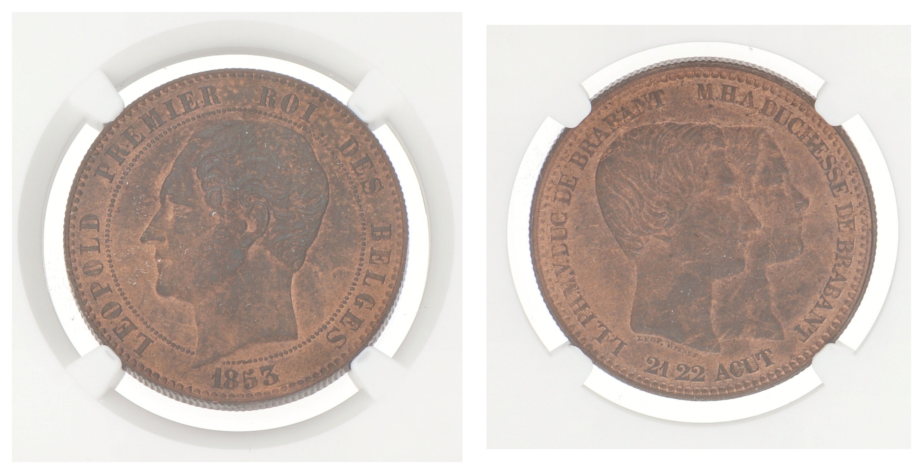 Goudwisselkantoor auction: Belgium. Leopold I. 10 centimes - Mariage of the duke and duchess of Brabant. 1853 Large date. MS 64 RB