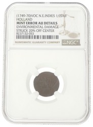 ½ Duit - Mint error. V.O.C. (Holland). ND (1749 - 1770). AU details