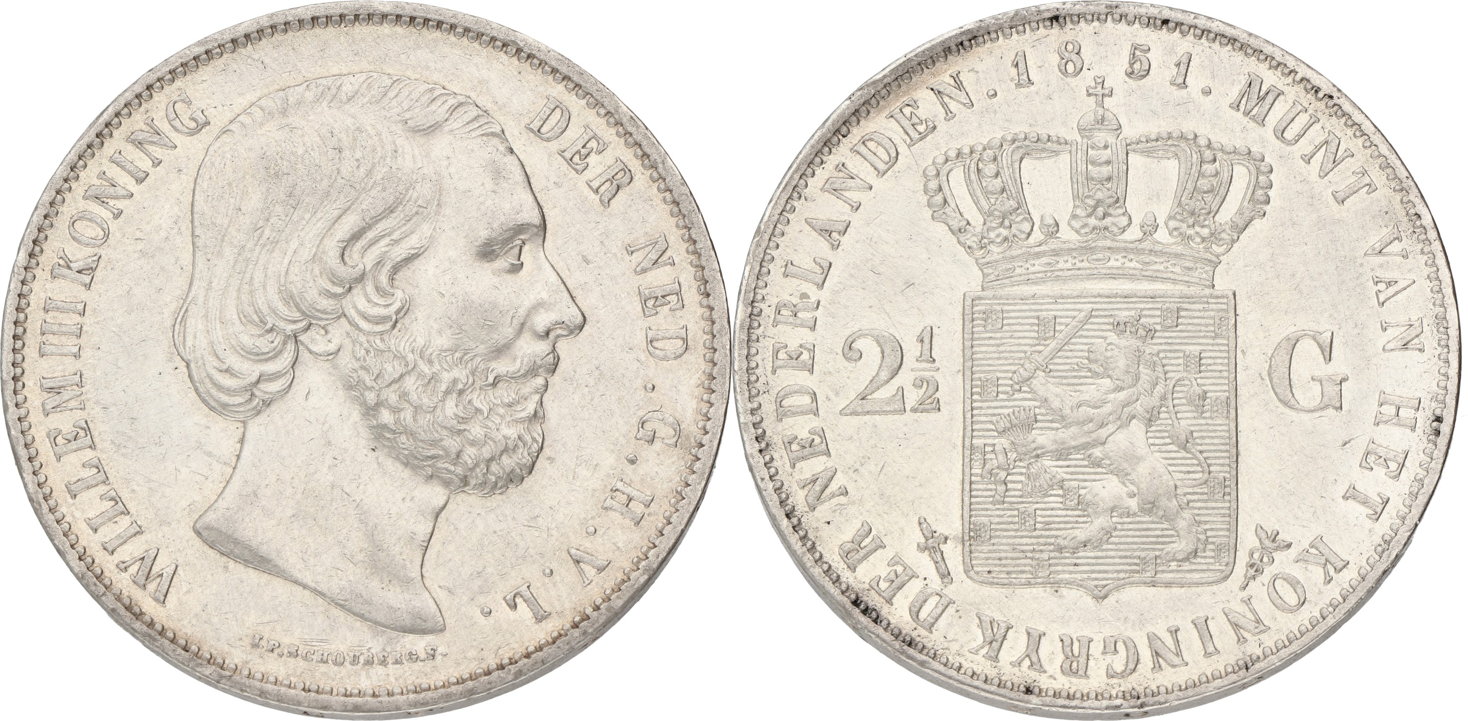 Goudwisselkantoor auction: 2½ Gulden. Willem III. 1851 A. Without dot between I & P. XF +.