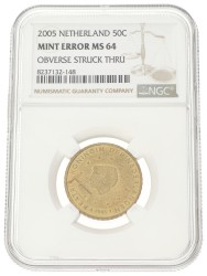 50 cent. Beatrix. Mint Error: Obverse Struck Through. 2005. MS 64.