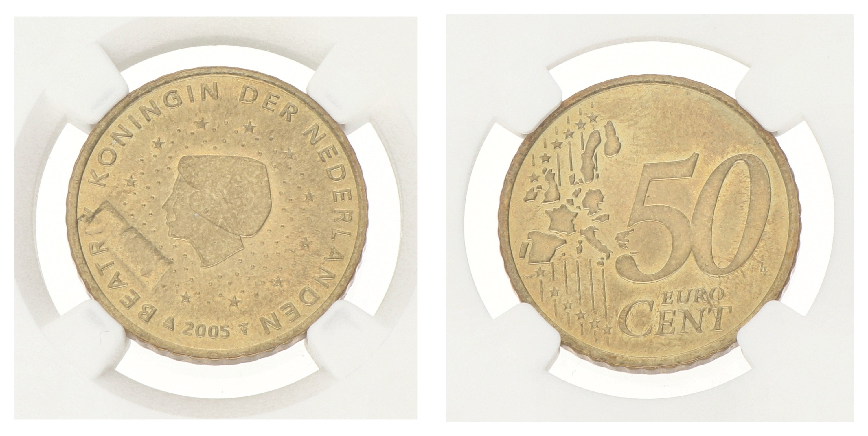 50 cent. Beatrix. Mint Error: Obverse Struck Through. 2005. MS 64.