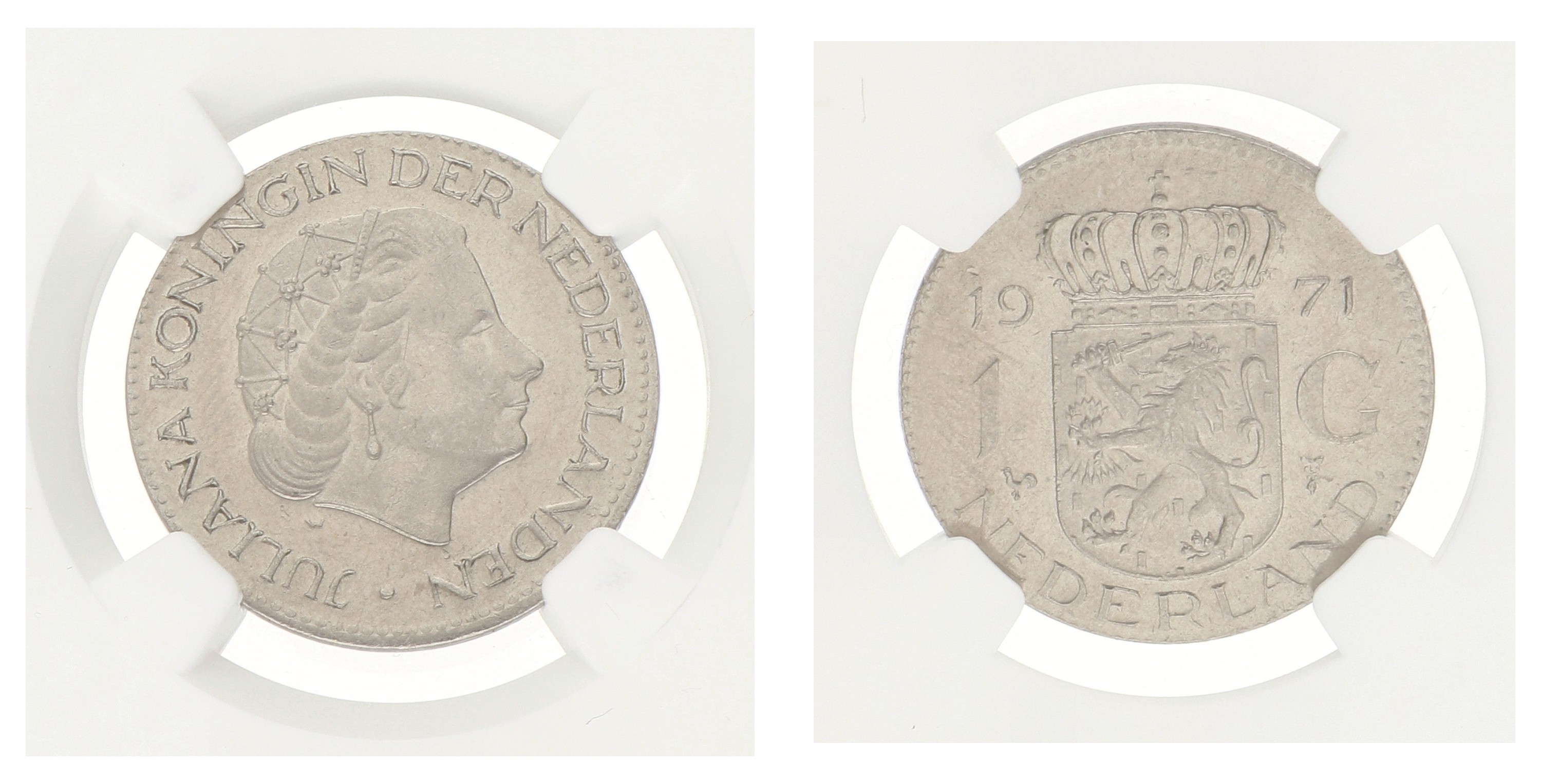 Goudwisselkantoor auction: 1 Gulden. Juliana. Mint Error: Struck on Foreign Blank. 1971. MS 62.