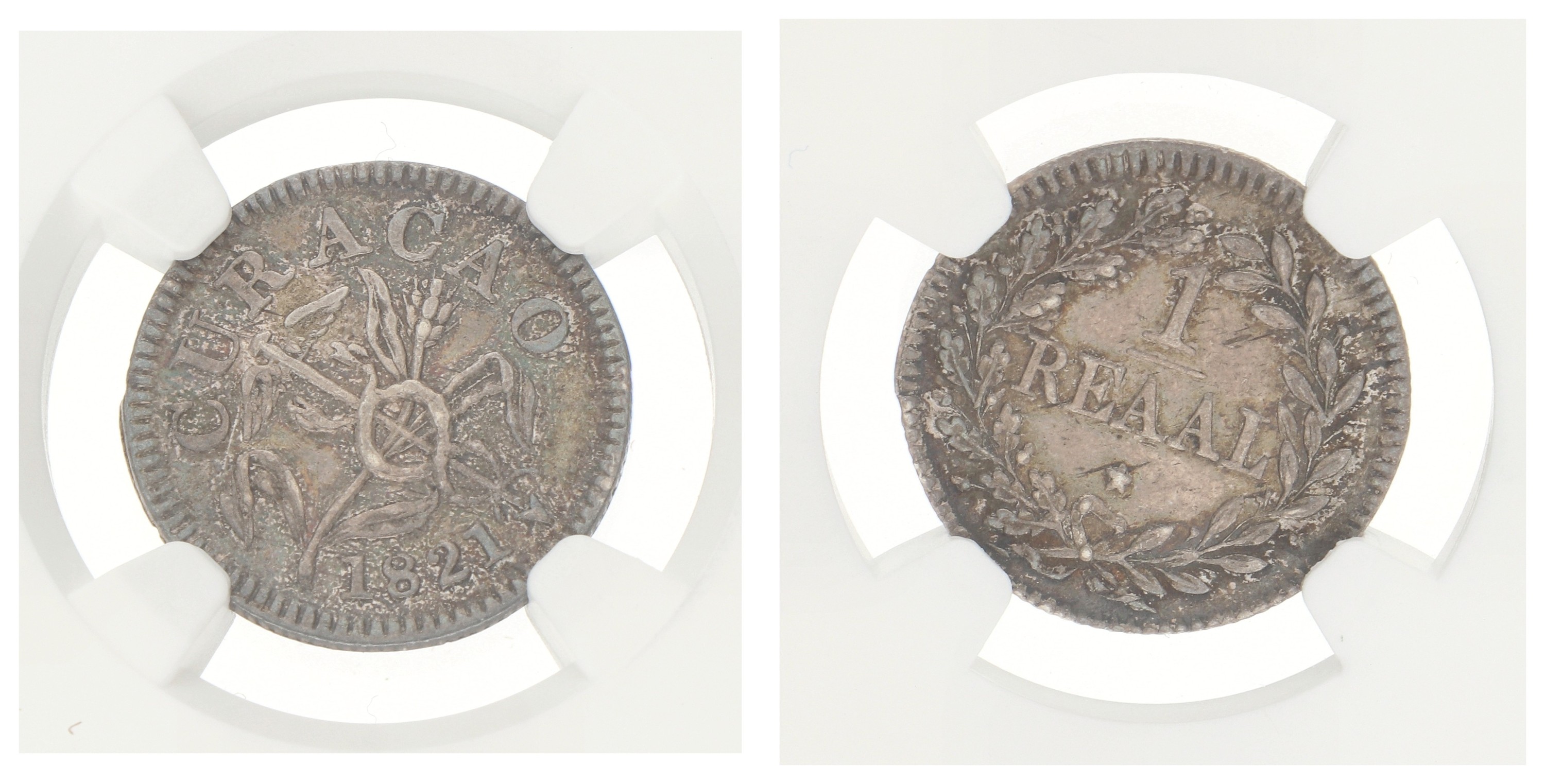 Goudwisselkantoor auction: 1 Reaal - 8 Acorns. Curaçao. Willem I. 1821. AU 55