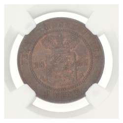 ½ Cent. Nederlands-Indië. Willem III. Obeverse Retained Die Break. 1859. MS 64