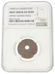 1 Cent. Offset center hole. Nederlands-Indië. Wilhelmina. 1945P. AU 58