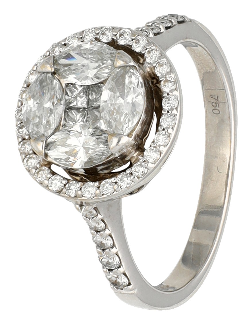 18K witgouden Illusie ring bezet met ca. 1.10 ct. diamanten