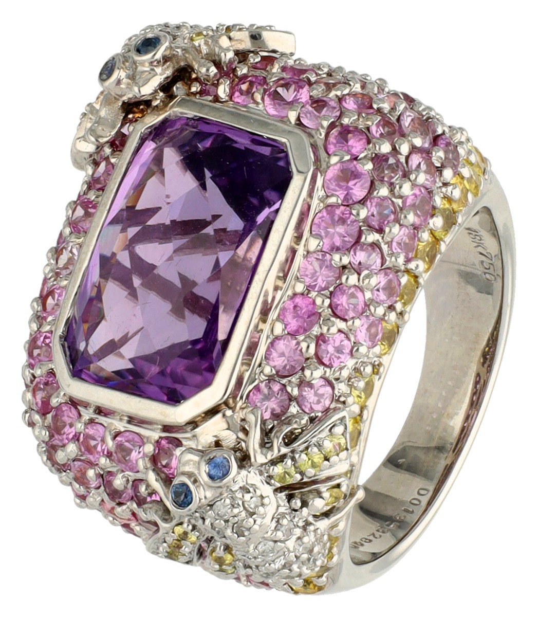 18K witgouden ring bezet met amethist, saffier en diamant 