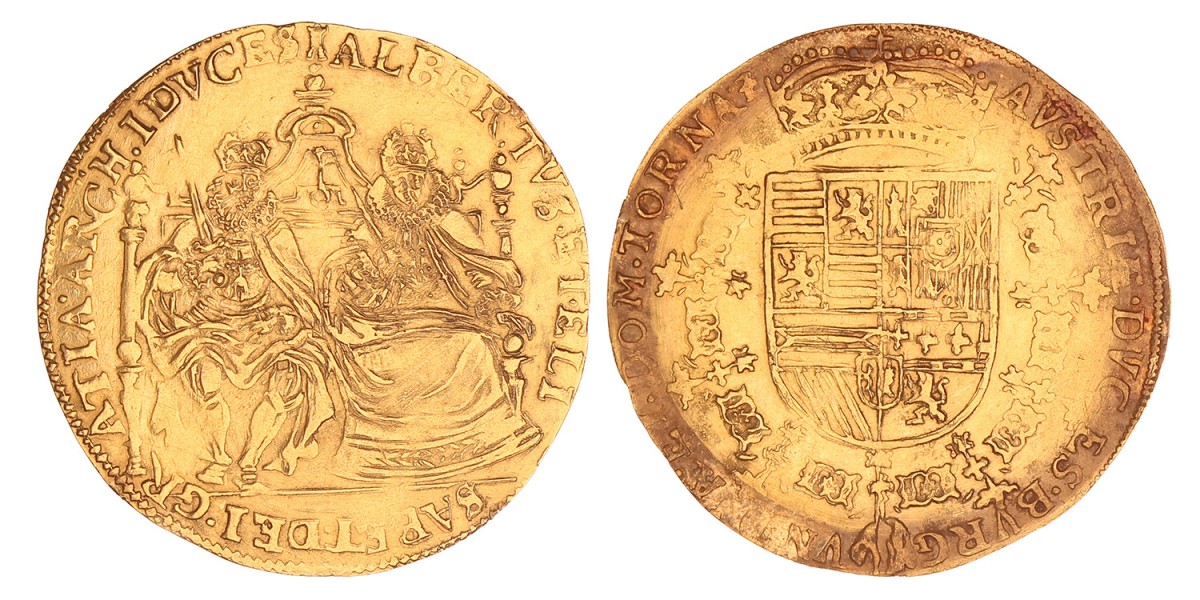 Dubbele Soeverein. Henegouwen. Albrecht en Isabella. Z.j. (1612-1621). Zeer Fraai +.