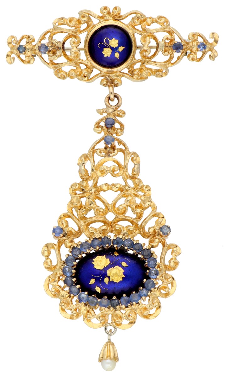 18K geelgouden broche met saffier, parel en emaille