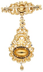18K geelgouden broche met saffier, parel en emaille