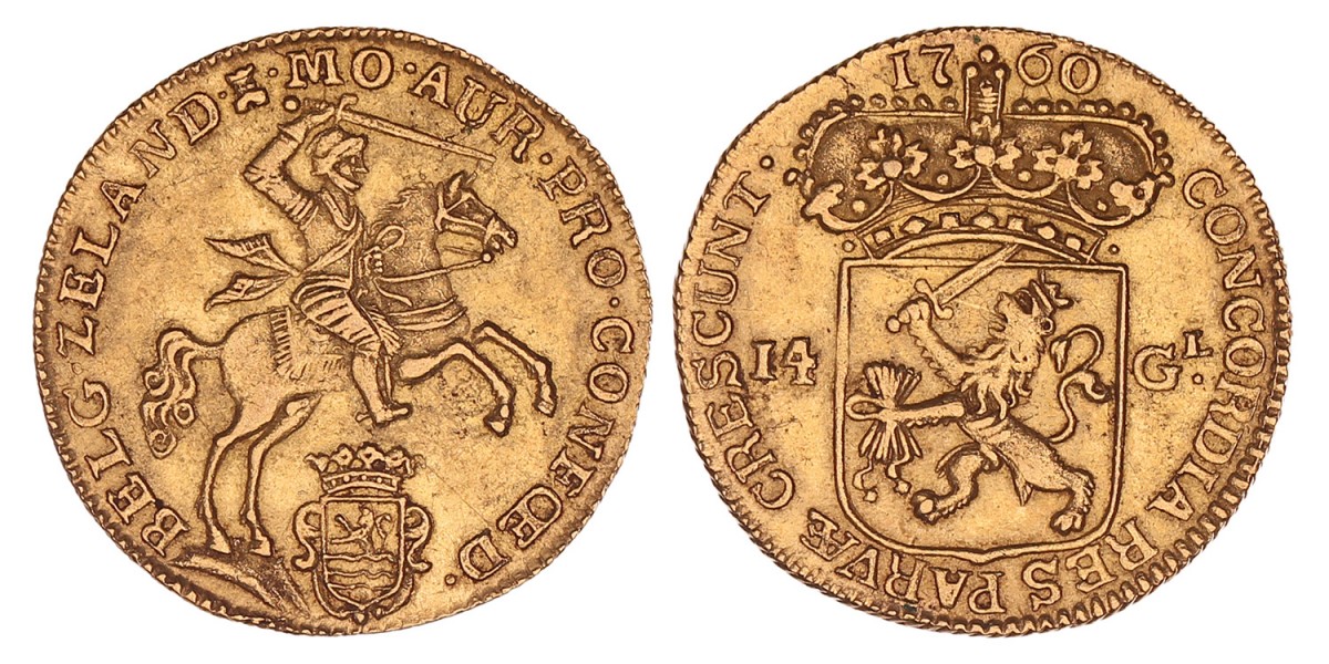 Gouden rijder van 14 gulden Zeeland 1760. Zeer fraai.