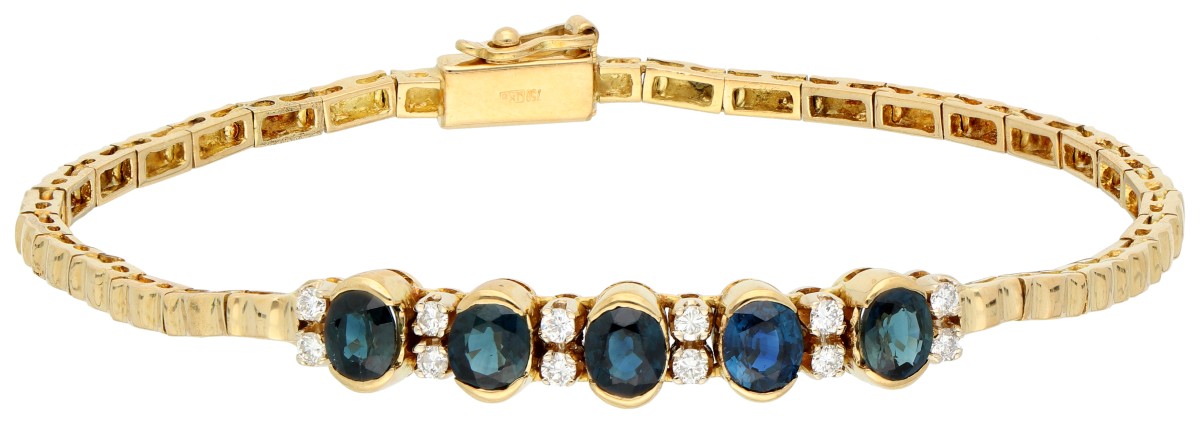 18K geelgouden armband bezet met ca. 0.24 ct. diamant en saffier