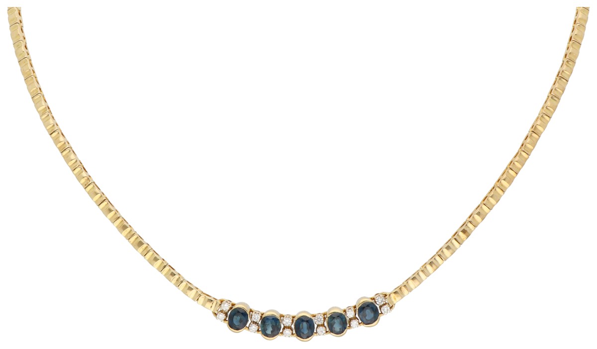 18K geelgouden collier bezet met ca. 0.24 ct. diamant en saffier