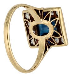 14K geelgouden ring bezet met saffier en roos geslepen diamant 