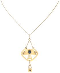 His & Hers Art Deco 18K geelgouden hanger en dasspeld bezet met saffier