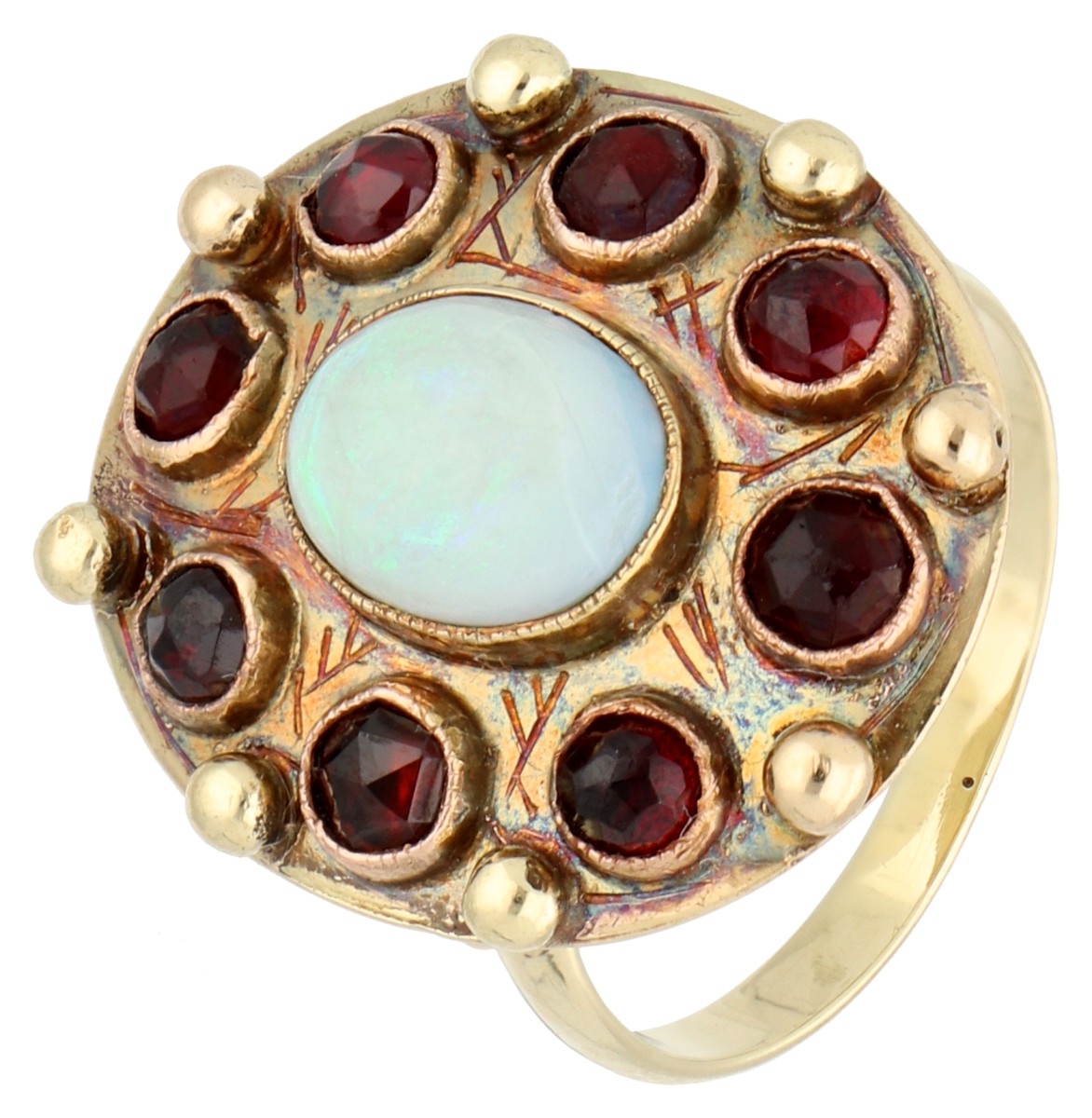 14K geelgouden ring bezet met opaal en granaat